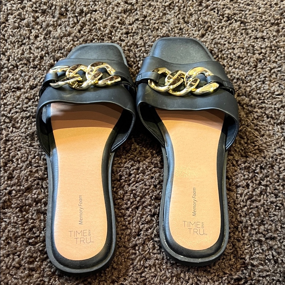 Time and Tru Black Sandals with Gold Chain Accent
